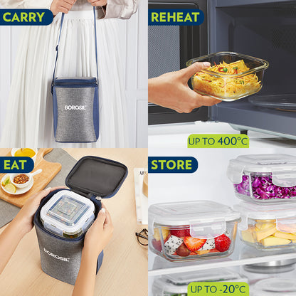 Borosil Alora Lunch Bag, Square x 3 (Tall)