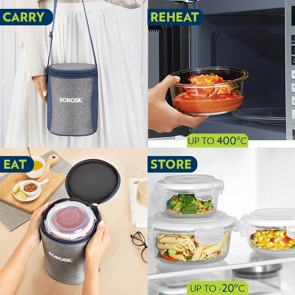 Borosil Alora Lunch Bag, Round x 3 (Tall)