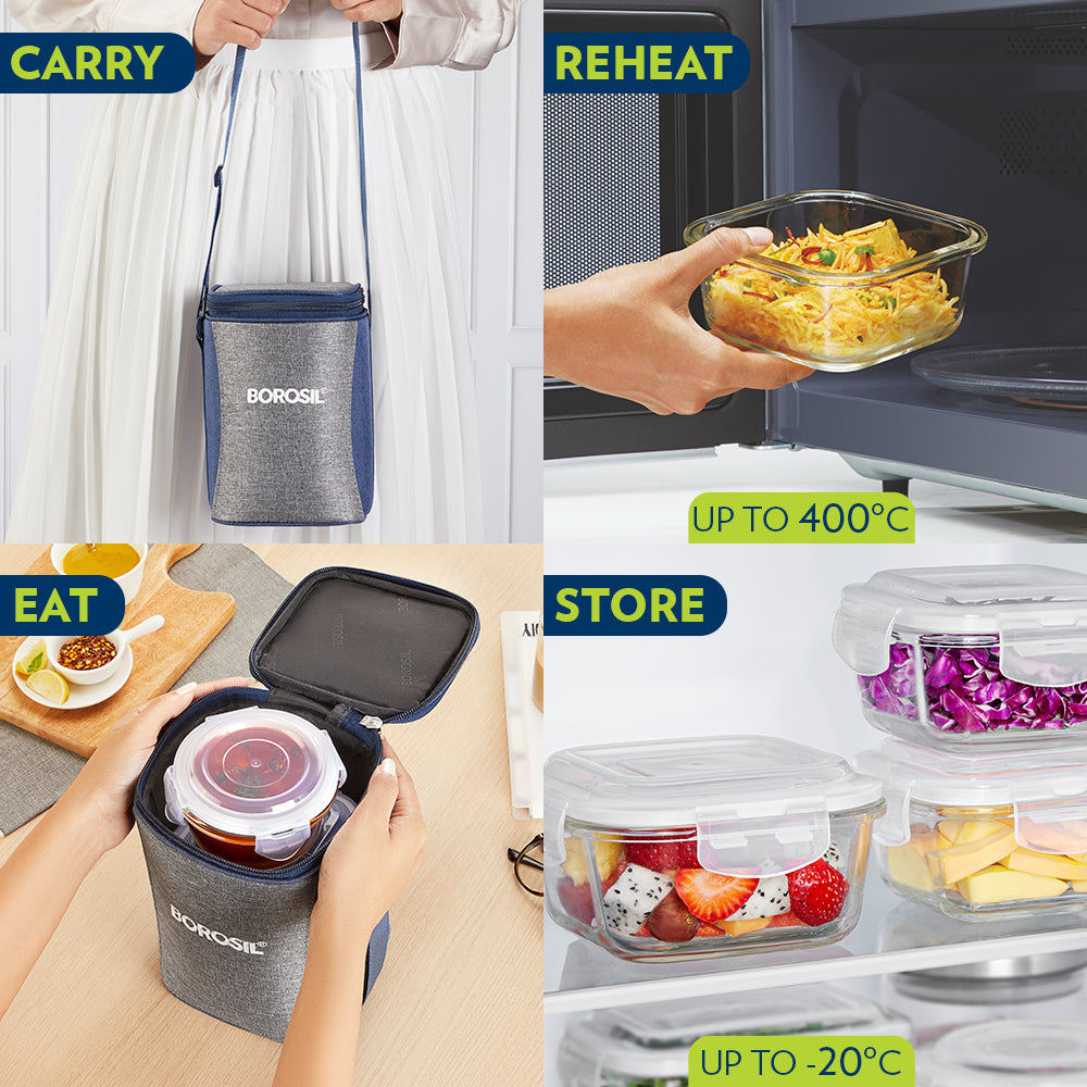 Borosil Alora Lunch Bag, Set of 3 (Tall)