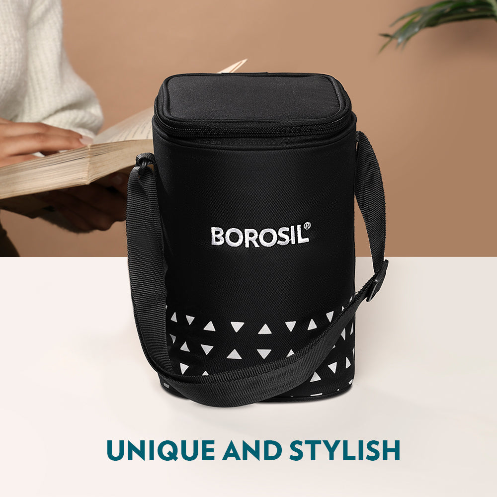 Borosil Kube Black Glass Lunch Box, Square x 3 (Tall)