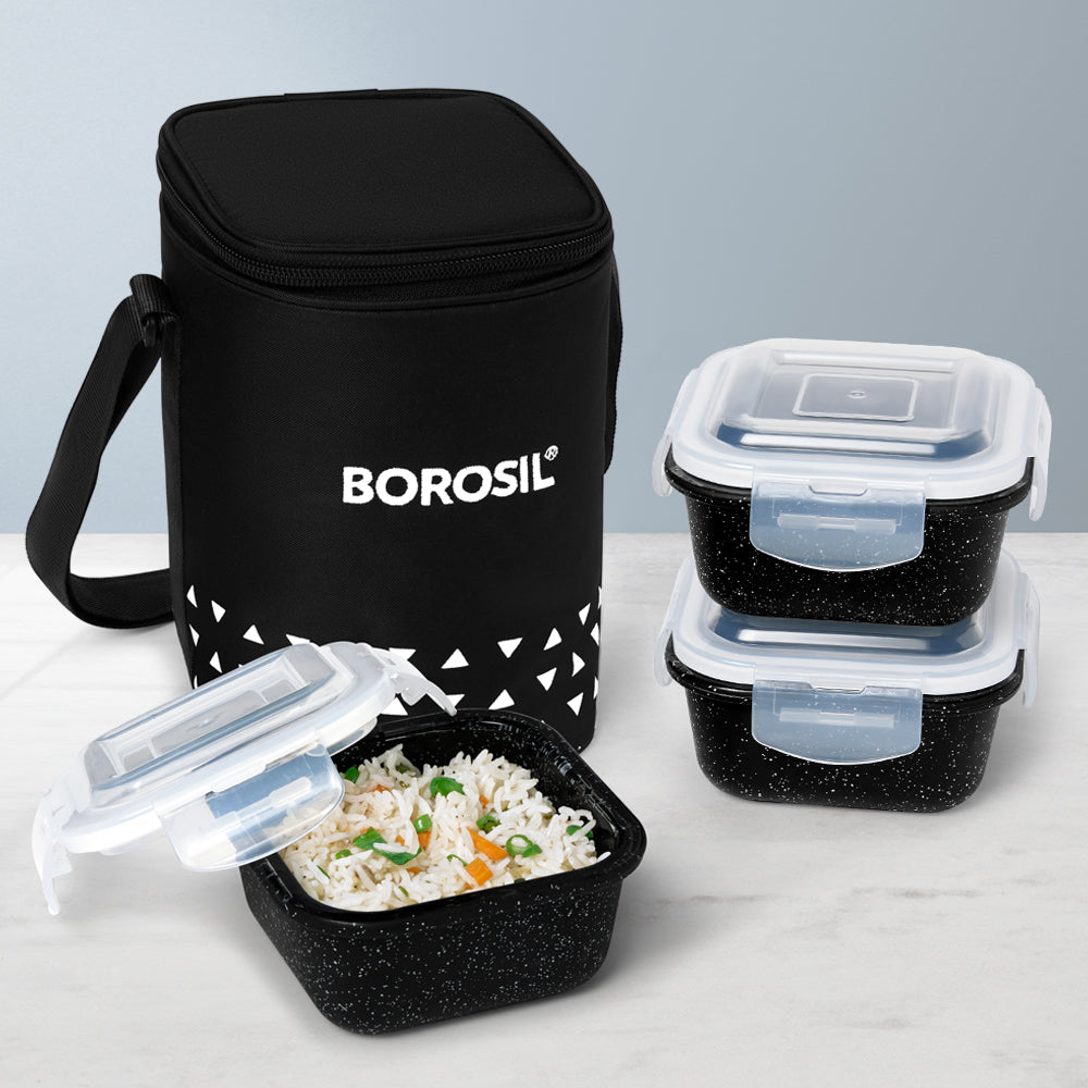 Borosil Kube Black Glass Lunch Box, Square x 3 (Tall), Set of 3, 320ml