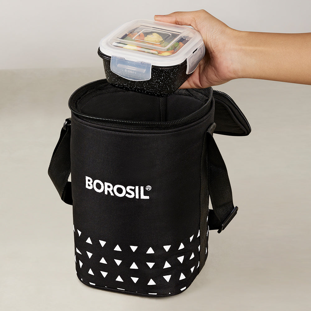 Borosil Kube Black Glass Lunch Box, Square x 3 (Tall)