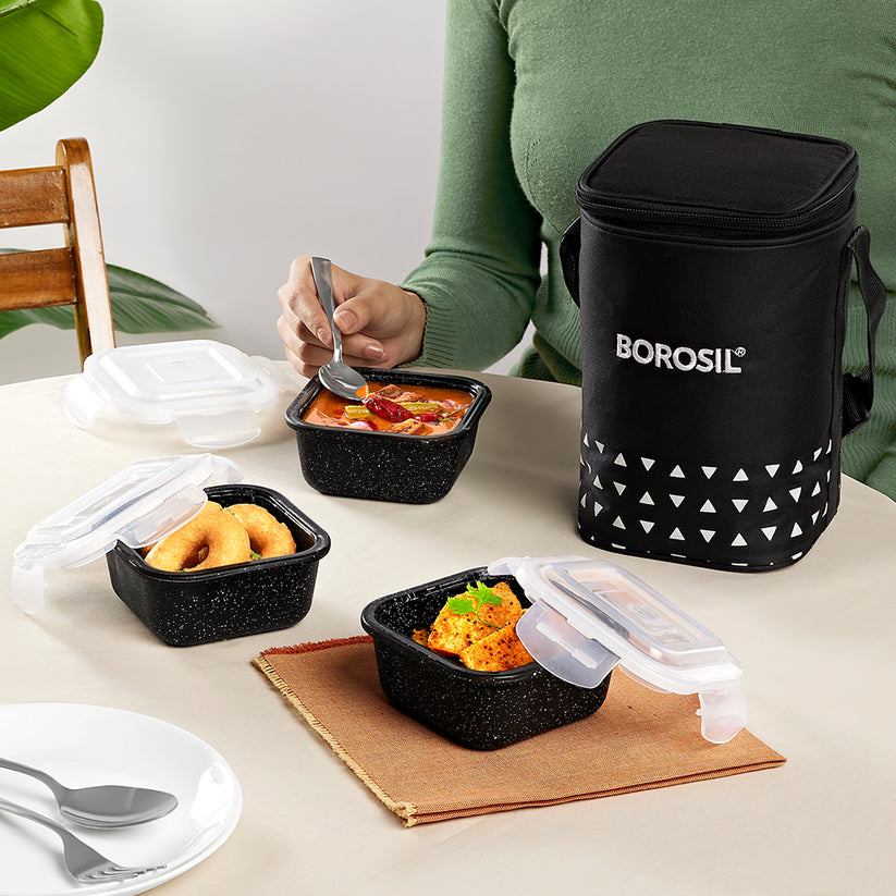 Borosil Kube Black Glass Lunch Box