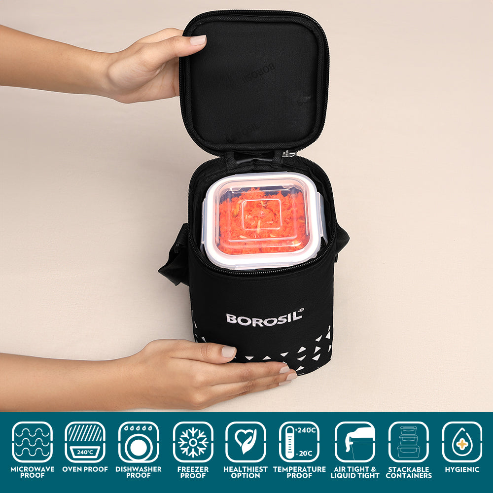 Borosil Kube Black Glass Lunch Box, Square x 3 (Tall)