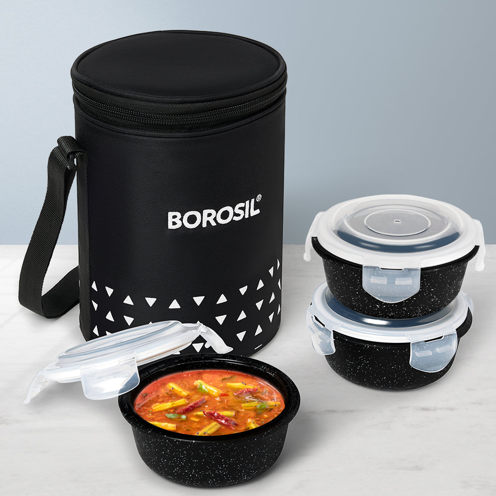 Borosil Kube Black Glass Lunch Box, Round x 3 (Tall)