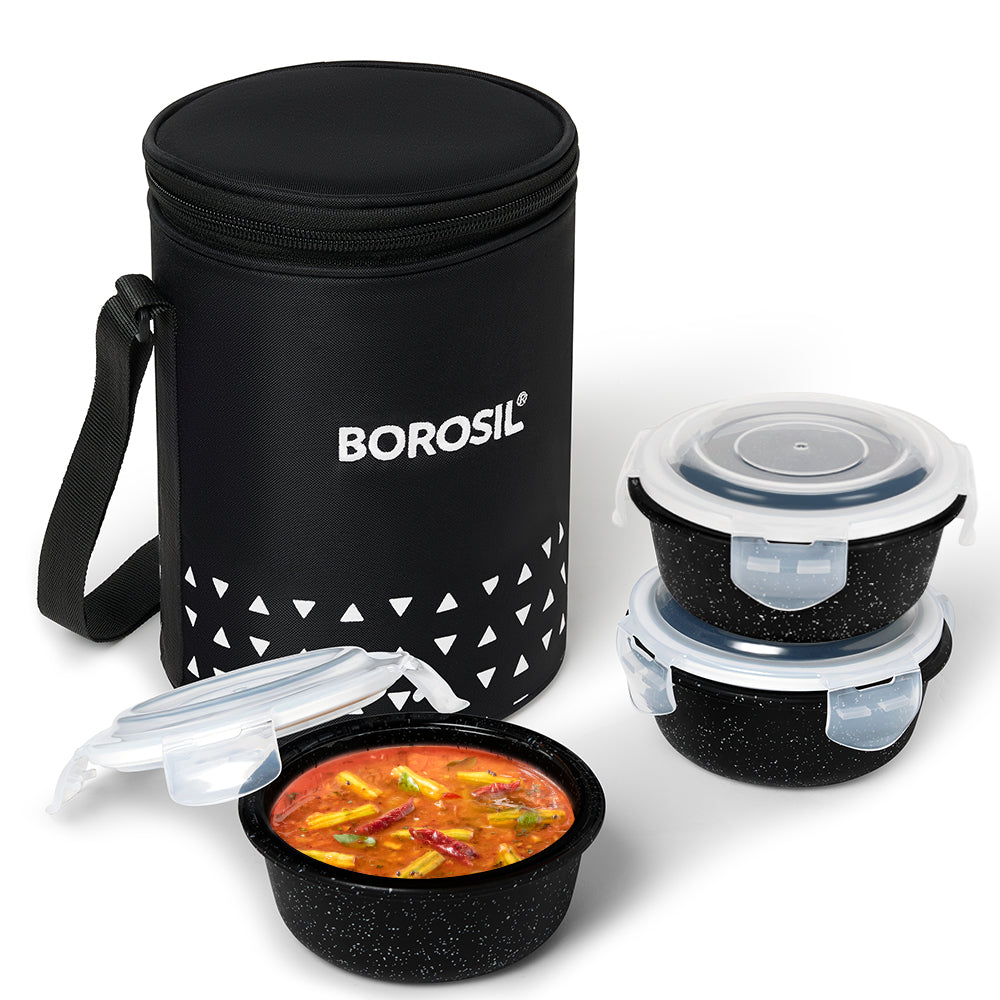 Borosil Kube Black Glass Lunch Box, Round x 3 (Tall)