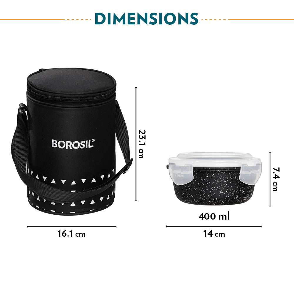 Borosil Kube Black Glass Lunch Box, Round x 3 (Tall)