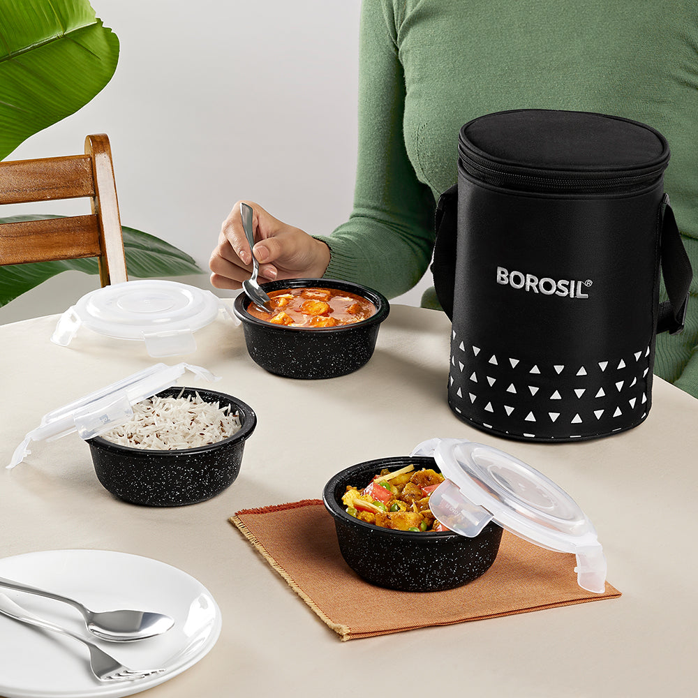 Borosil Kube Black Glass Lunch Box, Round x 3 (Tall)