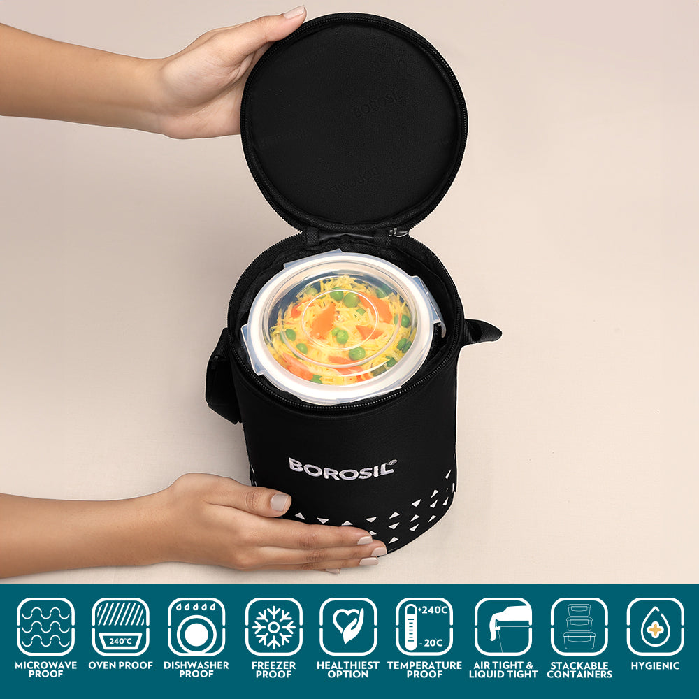 Borosil Kube Black Glass Lunch Box, Round x 3 (Tall)