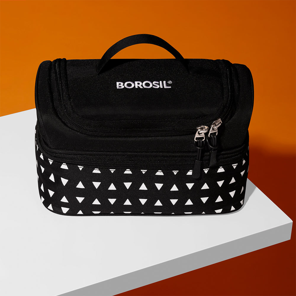 Borosil Kube Black Universal Glass Lunchbox, 320ml x 2 + 240ml x 2
