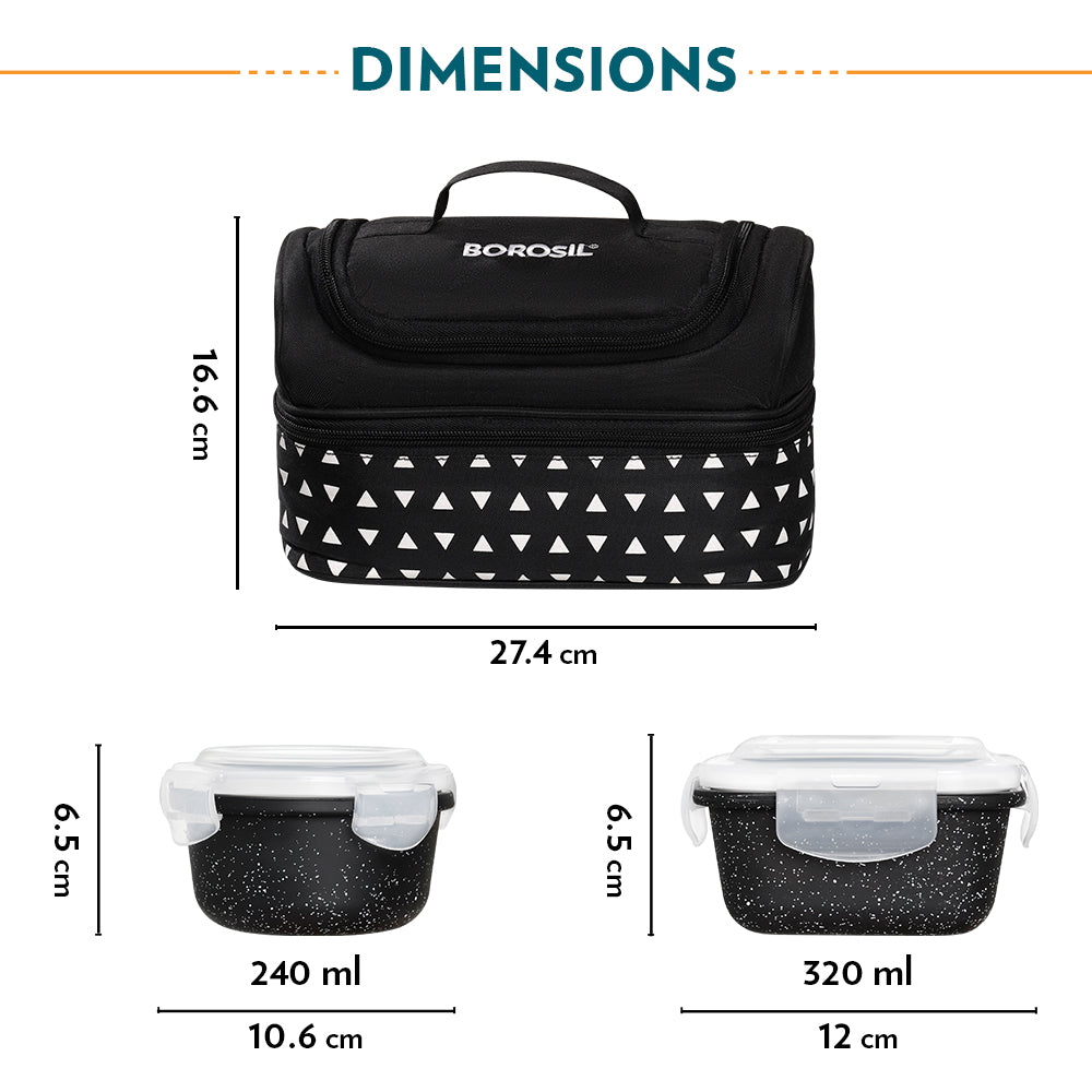Borosil Kube Black Universal Glass Lunchbox, 320ml x 2 + 240ml x 2