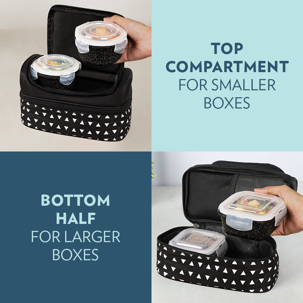 Borosil Kube Black Universal Glass Lunchbox, 320ml x 2 + 240ml x 2