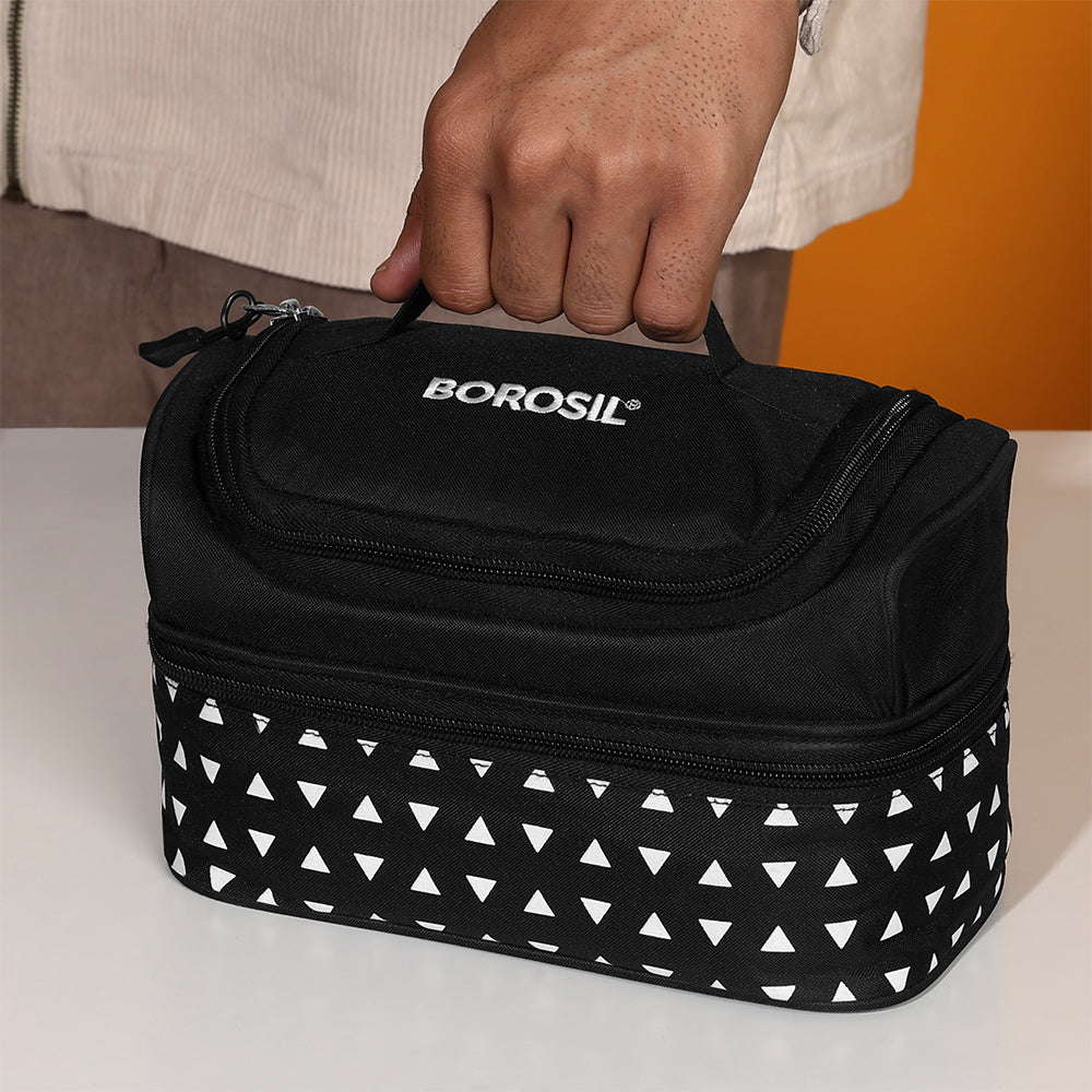 Borosil Kube Black Universal Glass Lunchbox, 320ml x 2 + 240ml x 2