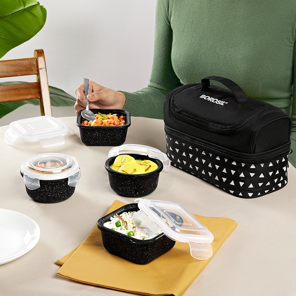 Borosil Kube Black Universal Glass Lunchbox, 320ml x 2 + 240ml x 2