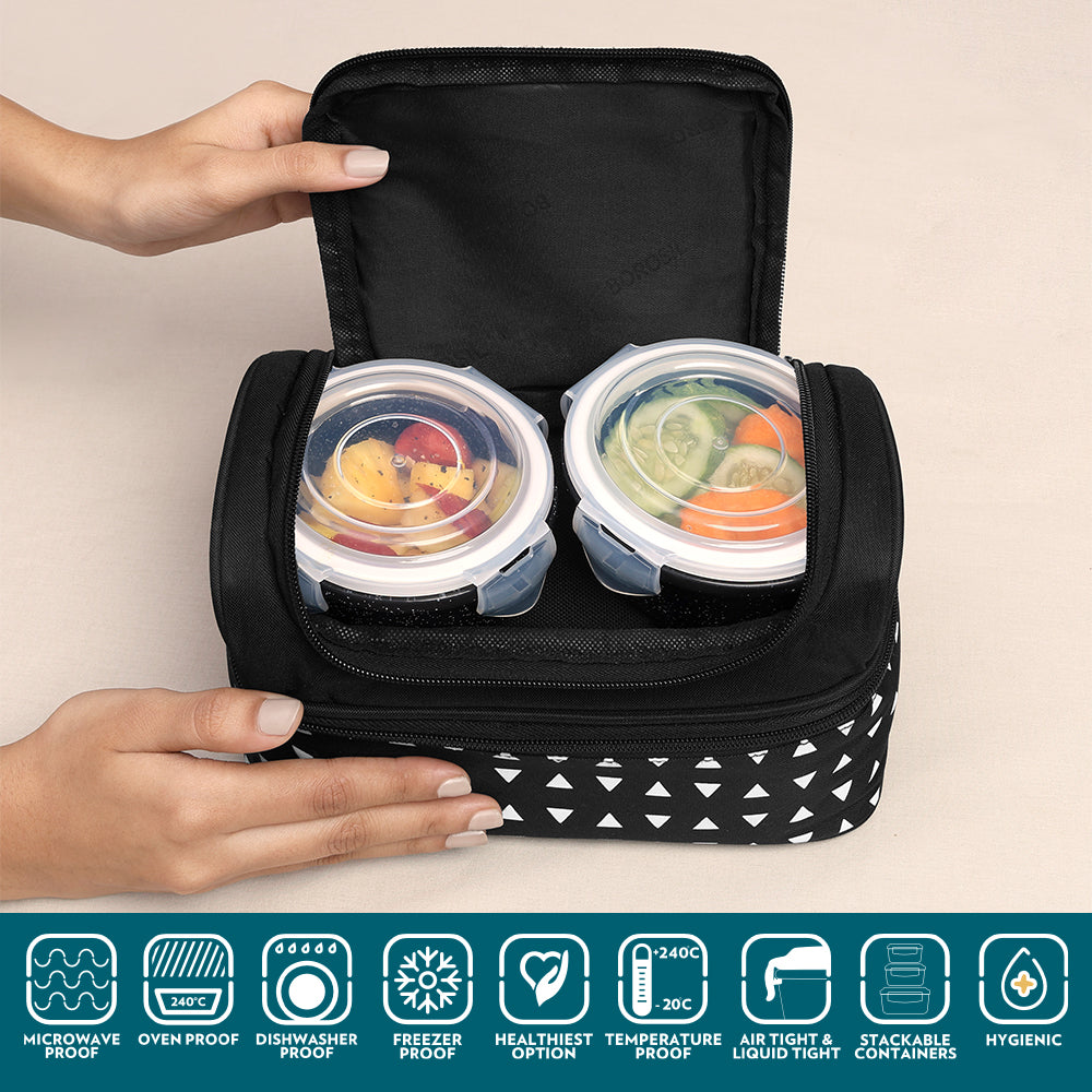 Borosil Kube Black Universal Glass Lunchbox, 320ml x 2 + 240ml x 2