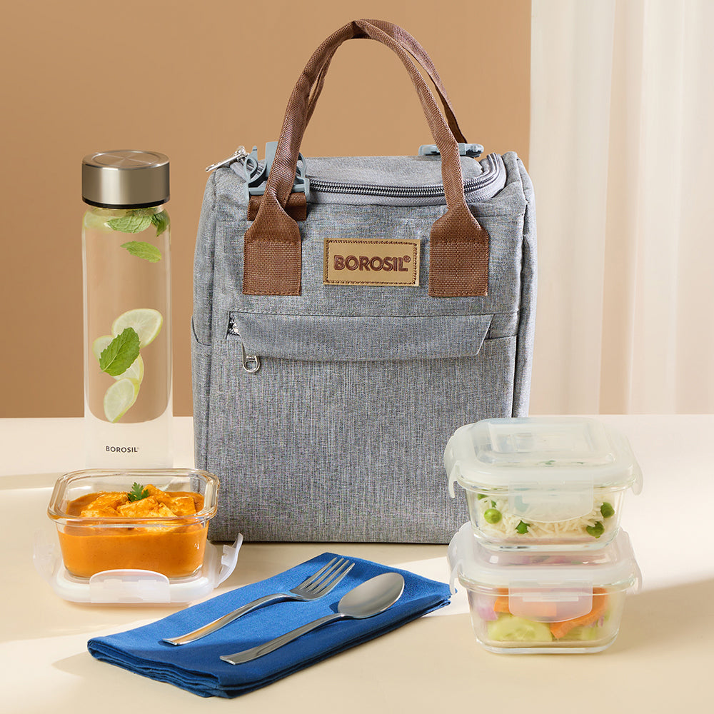Borosil Pro Plus Glass Lunch Box W Glass Bottle Set, (400 ml x 3 (+) 550 ml x 1)