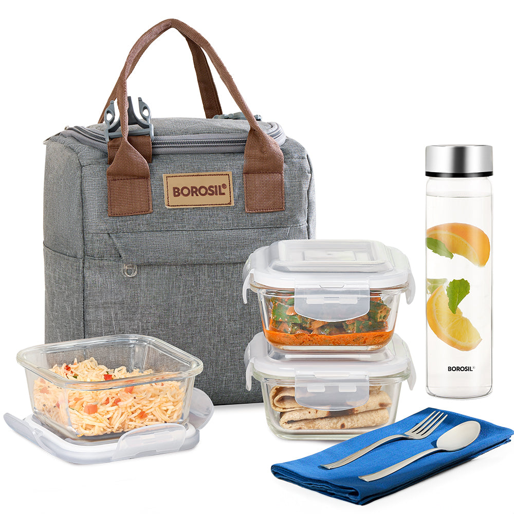 Borosil Pro Plus Glass Lunch Box W Glass Bottle Set, (400 ml x 3 (+) 550 ml x 1)