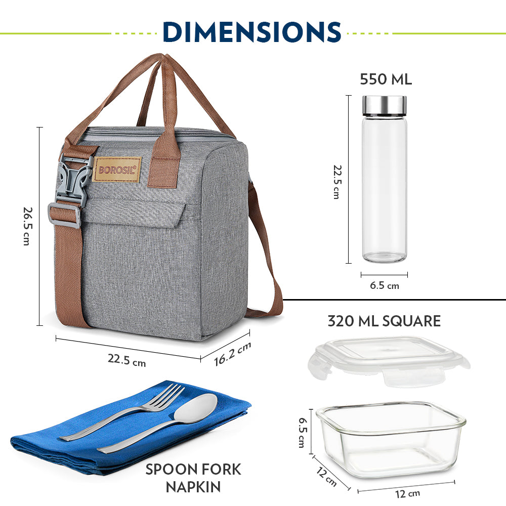 Borosil Pro Plus Glass Lunch Box W Glass Bottle Set, (400 ml x 3 (+) 550 ml x 1)