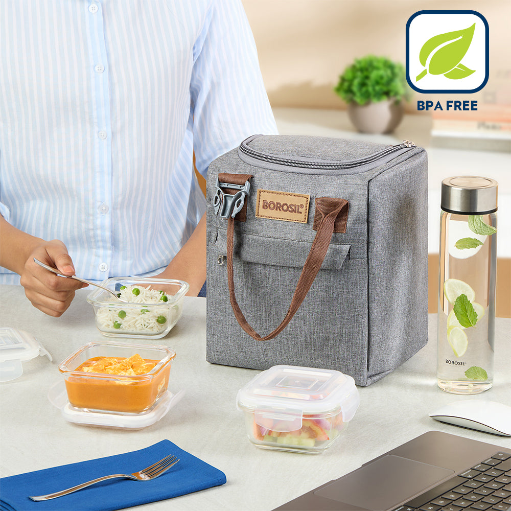 Borosil Pro Plus Glass Lunch Box W Glass Bottle Set, (400 ml x 3 (+) 550 ml x 1)