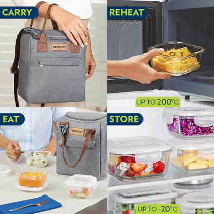 Borosil Pro Plus Glass Lunch Box W Glass Bottle Set, (400 ml x 3 (+) 550 ml x 1)