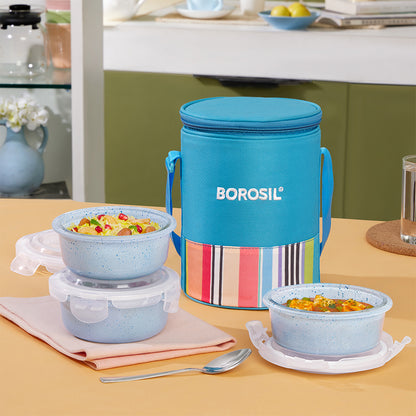 Topaz Round Glass Lunch Box with Blue Bag