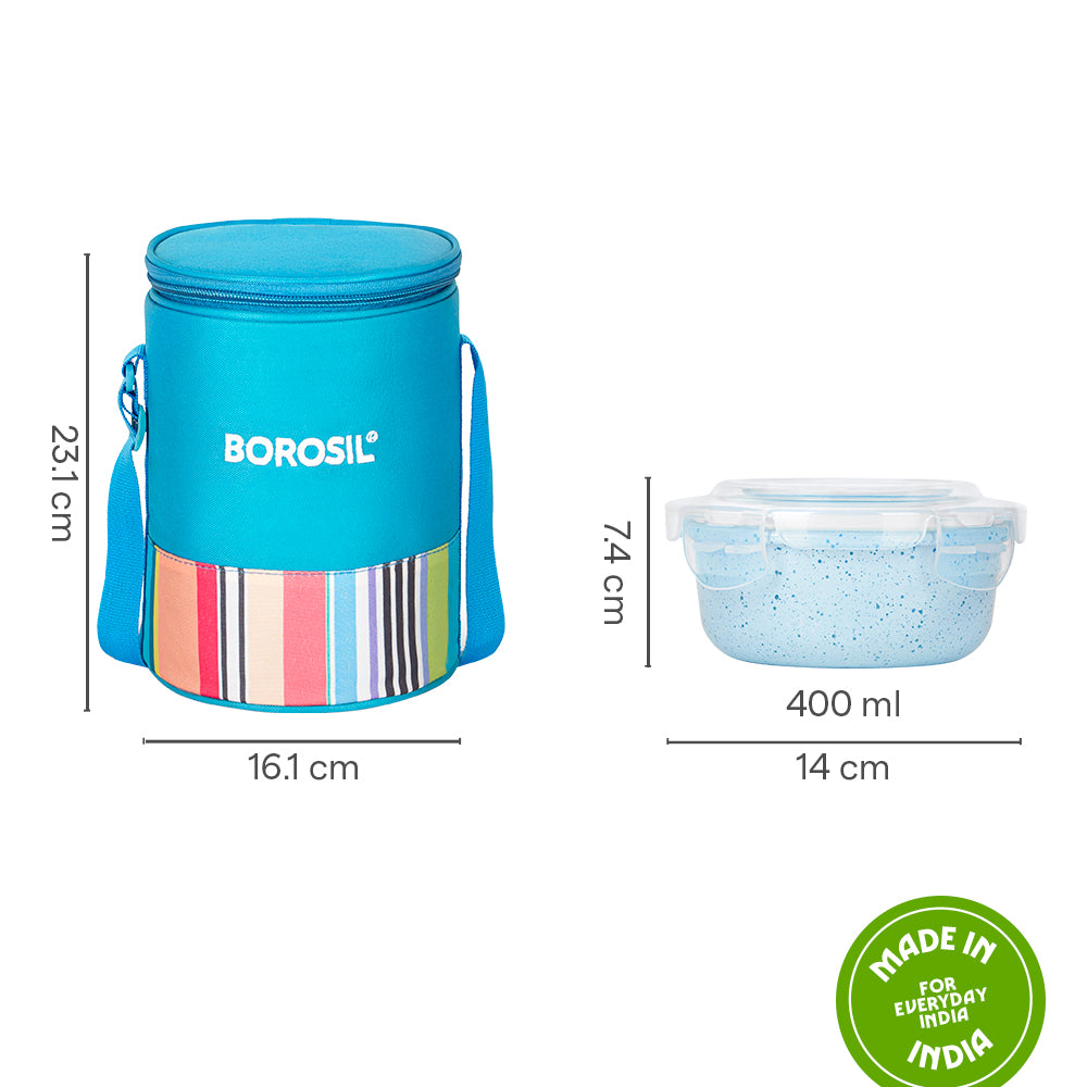 Topaz Round Glass Lunch Box with Blue Bag