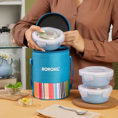 Topaz Round Glass Lunch Box with Blue Bag