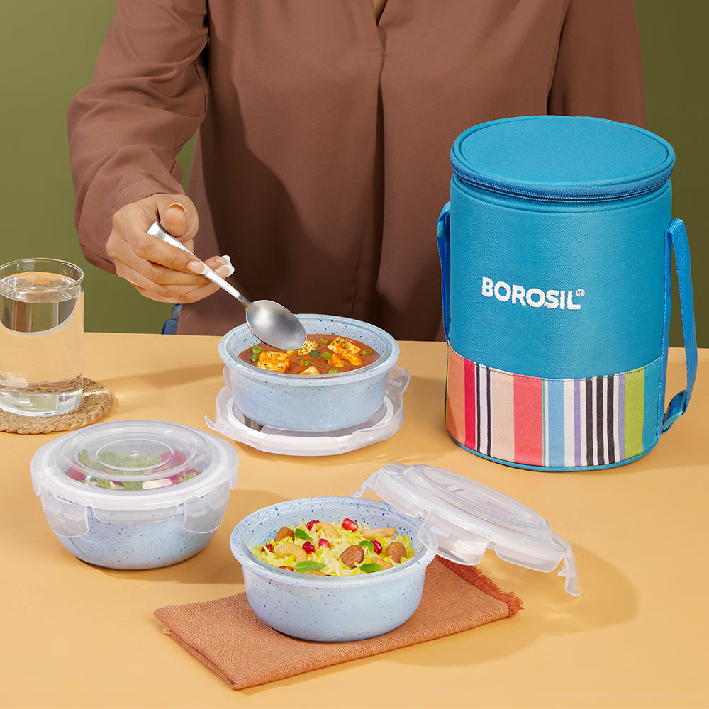 Topaz Round Glass Lunch Box with Blue Bag