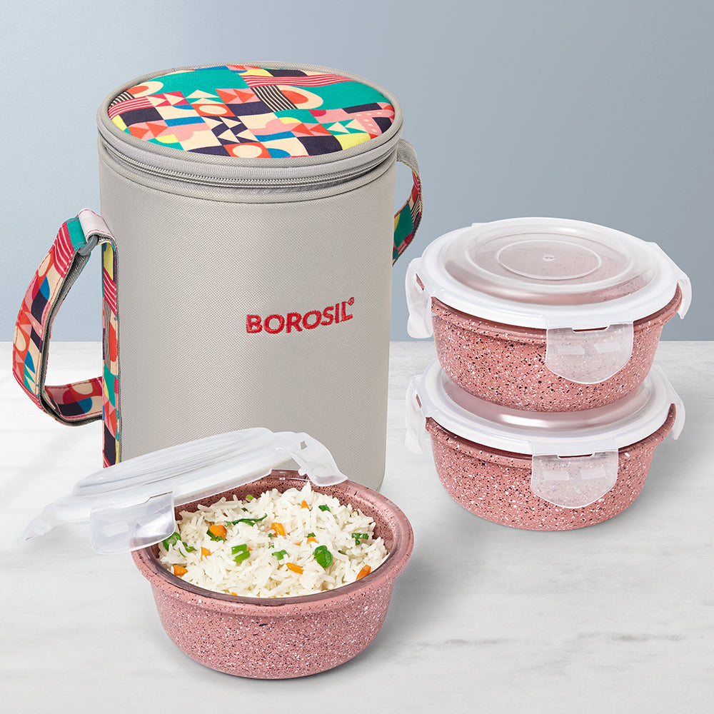 Borosil Kube Pink Glass Lunch Box, Round x 3 (Tall), Set of 3, 400ml
