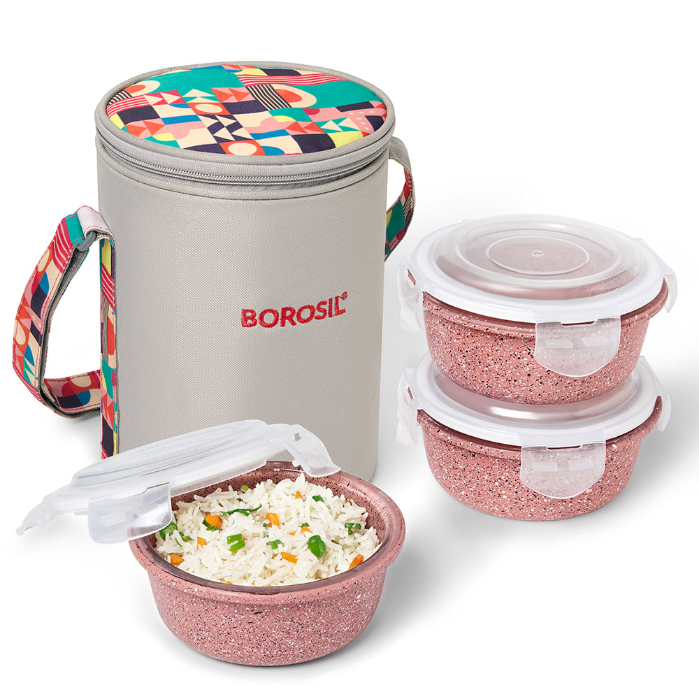 Borosil Kube Pink Glass Lunch Box, Round x 3 (Tall), Set of 3, 400ml