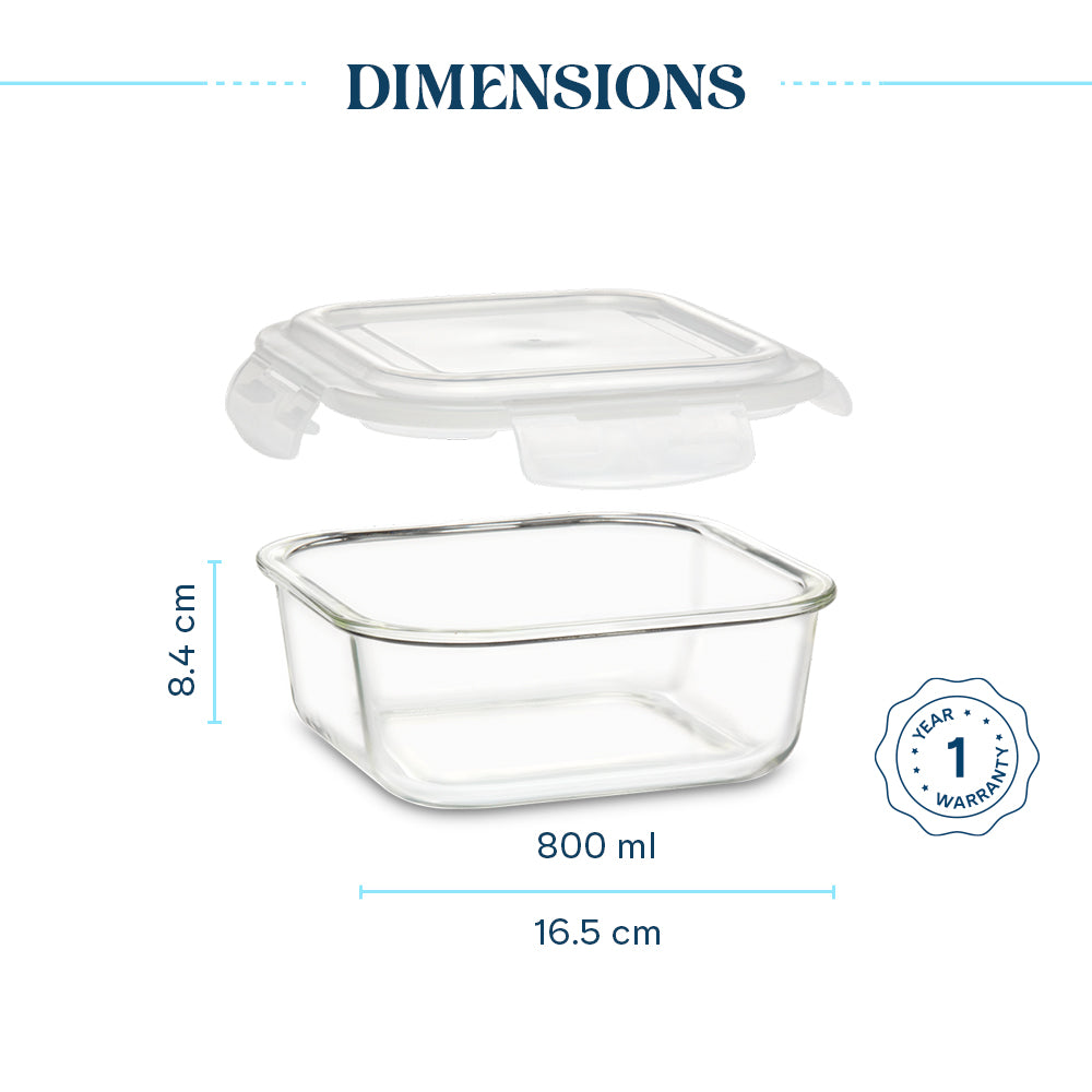 Larah Everyday Klip n Store Square Glass Container, 800ml