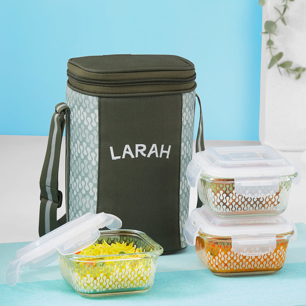 Larah Gracia Glass Lunchbox, Square x 3, 320ml x 3