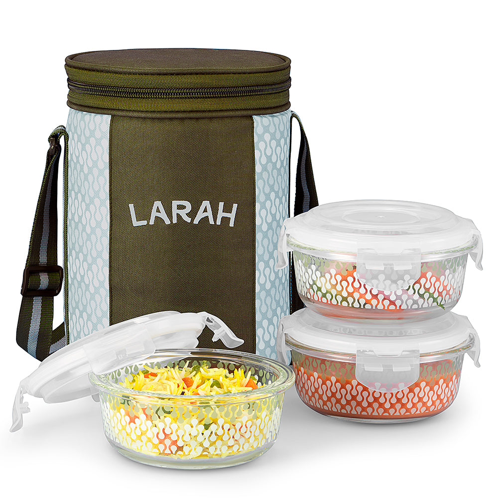 Larah Gracia Glass Lunchbox, Round x 3, 400ml x 3