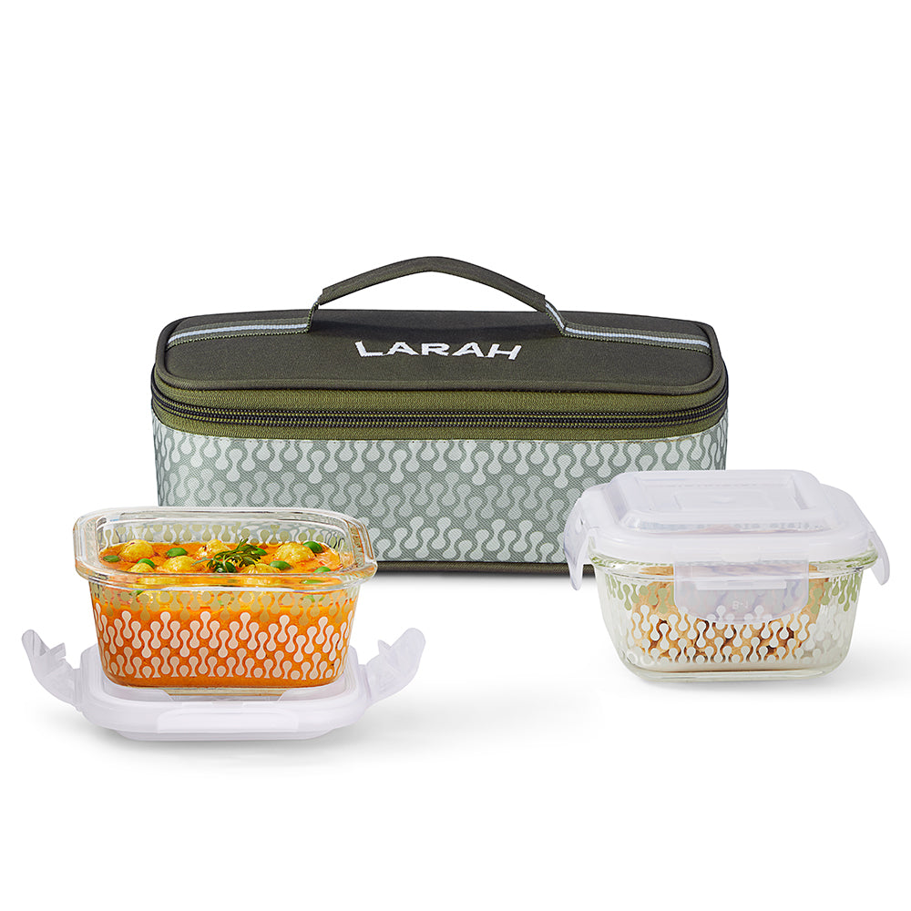 Larah Gracia Glass Lunchbox, Square x 2 (Flat), 320ml x 2