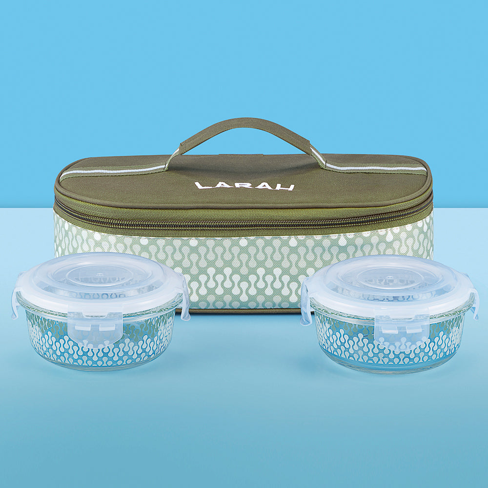 Larah Gracia Glass Lunchbox, Round x 2 (Flat), 400ml x 2