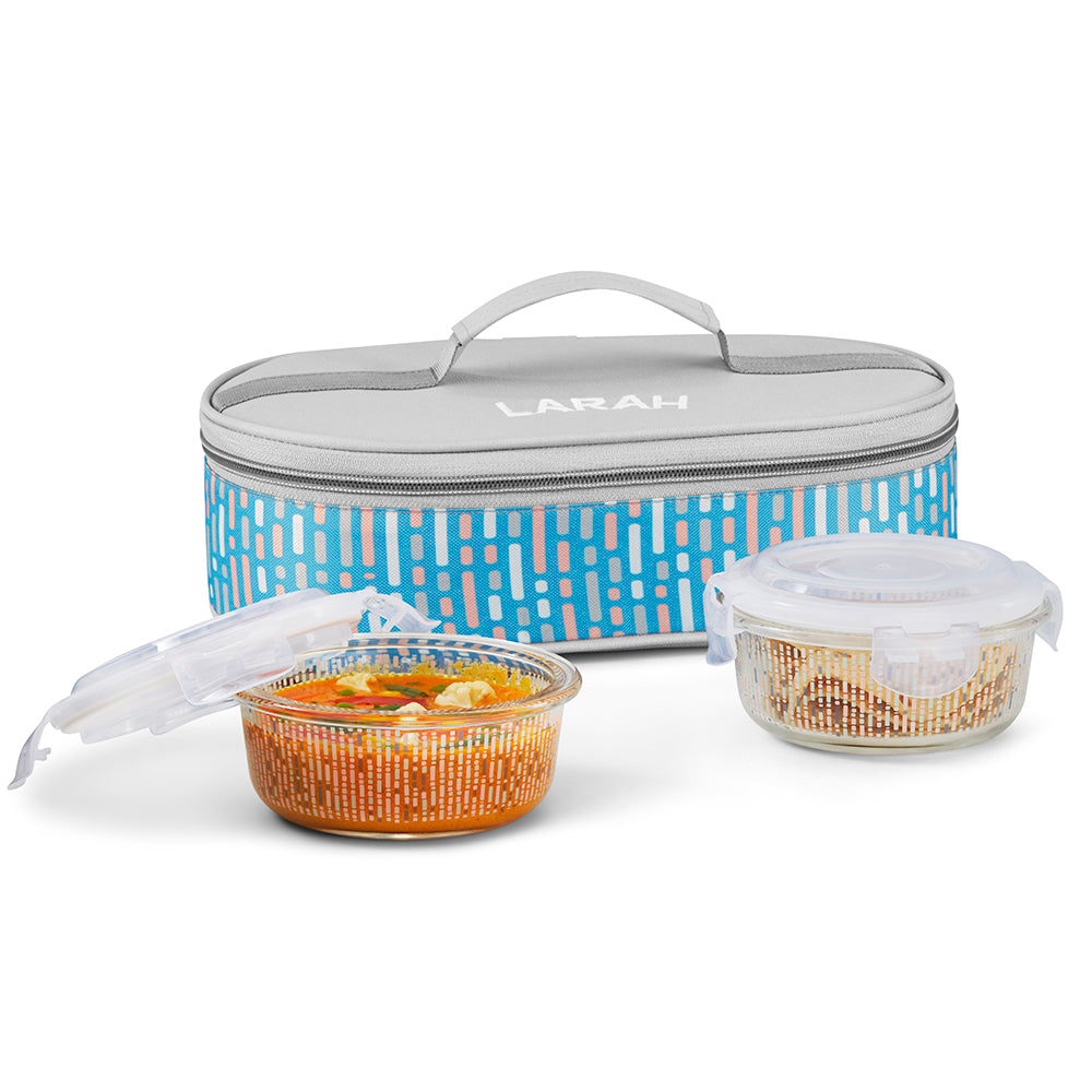 Larah Vogue Glass Lunchbox, Round x 2 (Flat), 400ml x 2
