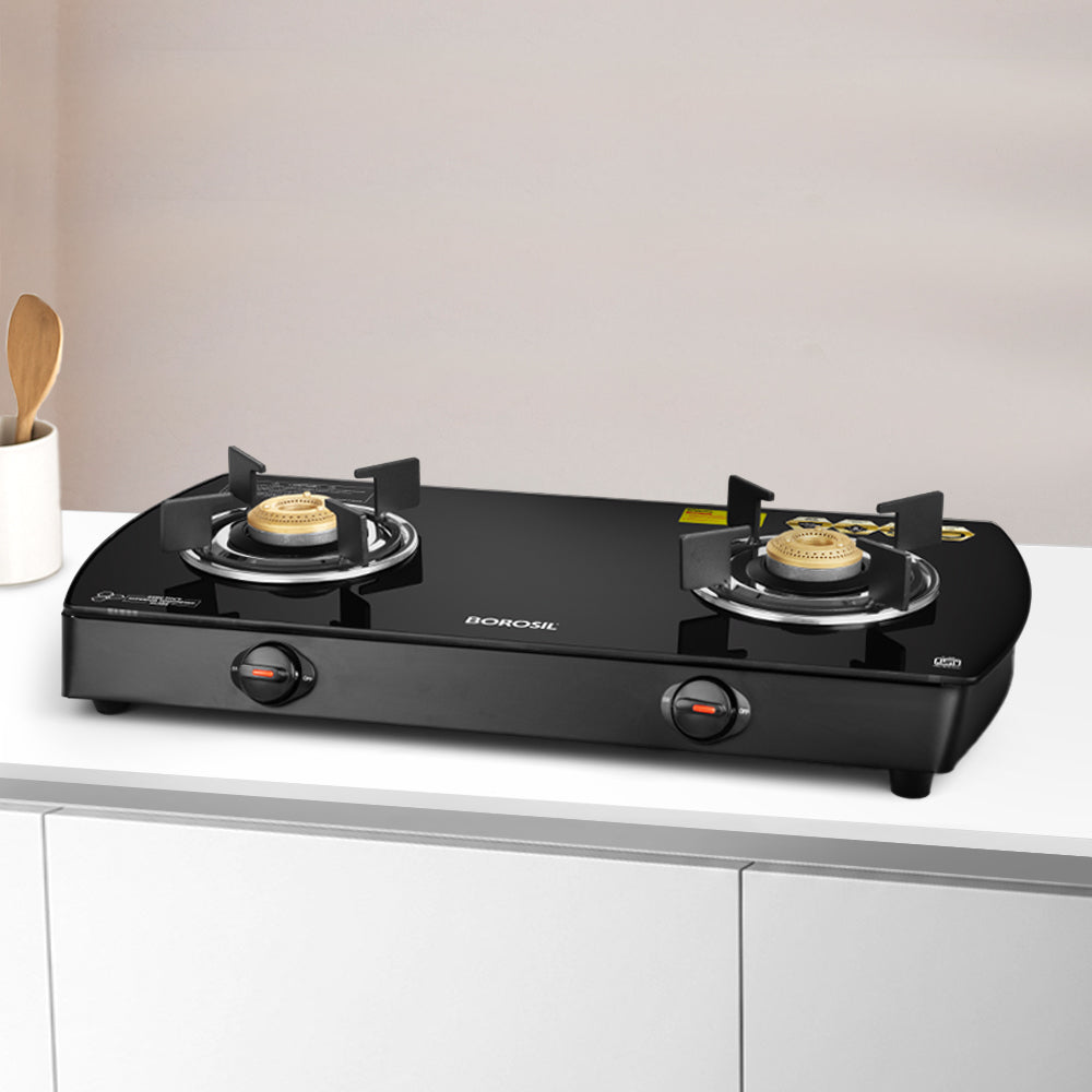Borosil Prima Glass-top Gas stove, 2 Burners, 8 mm Toughened Glass, Brass Burners