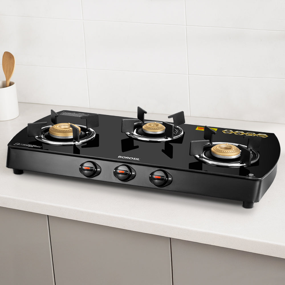 Borosil Prima Glass-top Gas stove, 3 Burners