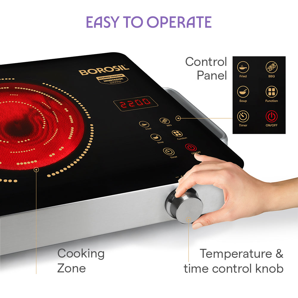 Borosil Smart Kook Infrared-PC01 Induction Cooker, 2200 W, Compatible with all Metal Cookware