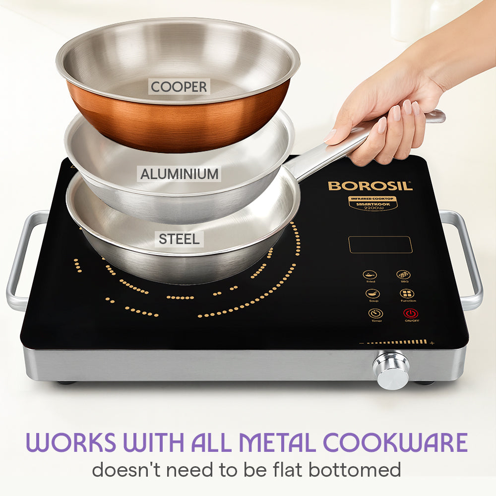 Borosil Smart Kook Infrared-PC01 Induction Cooker, 2200 W, Compatible with all Metal Cookware