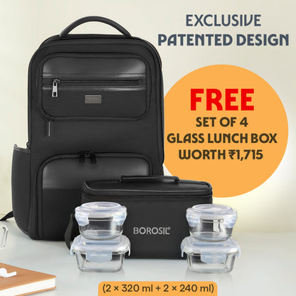 MaxPack Professional Backpack with Universal Glass Lunch Box, Black