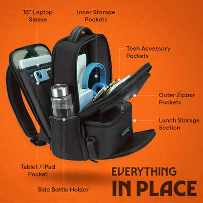 MaxPack Professional Backpack with Universal Glass Lunch Box, Black