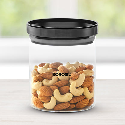 Borosil Stack n Store Classic Glass Jar with Black PP Lid , 600 Ml