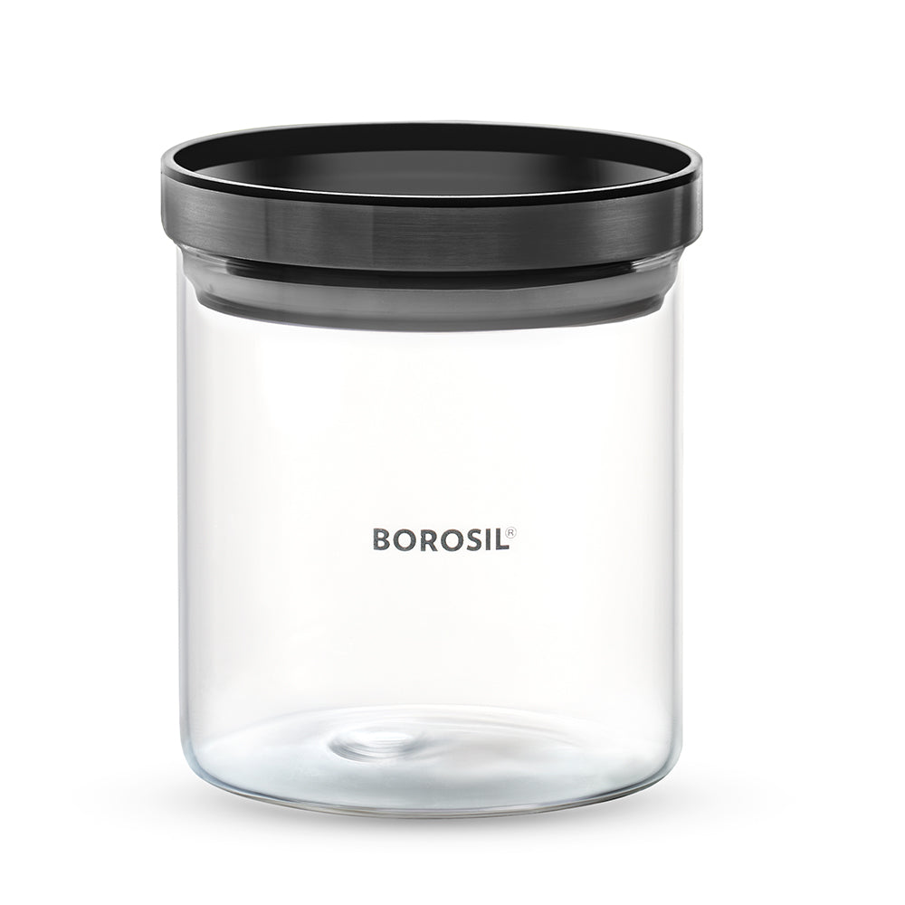 Borosil Stack n Store Classic Glass Jar with Black PP Lid , 600 Ml