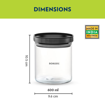 Borosil Stack n Store Classic Glass Jar with Black PP Lid , 600 Ml