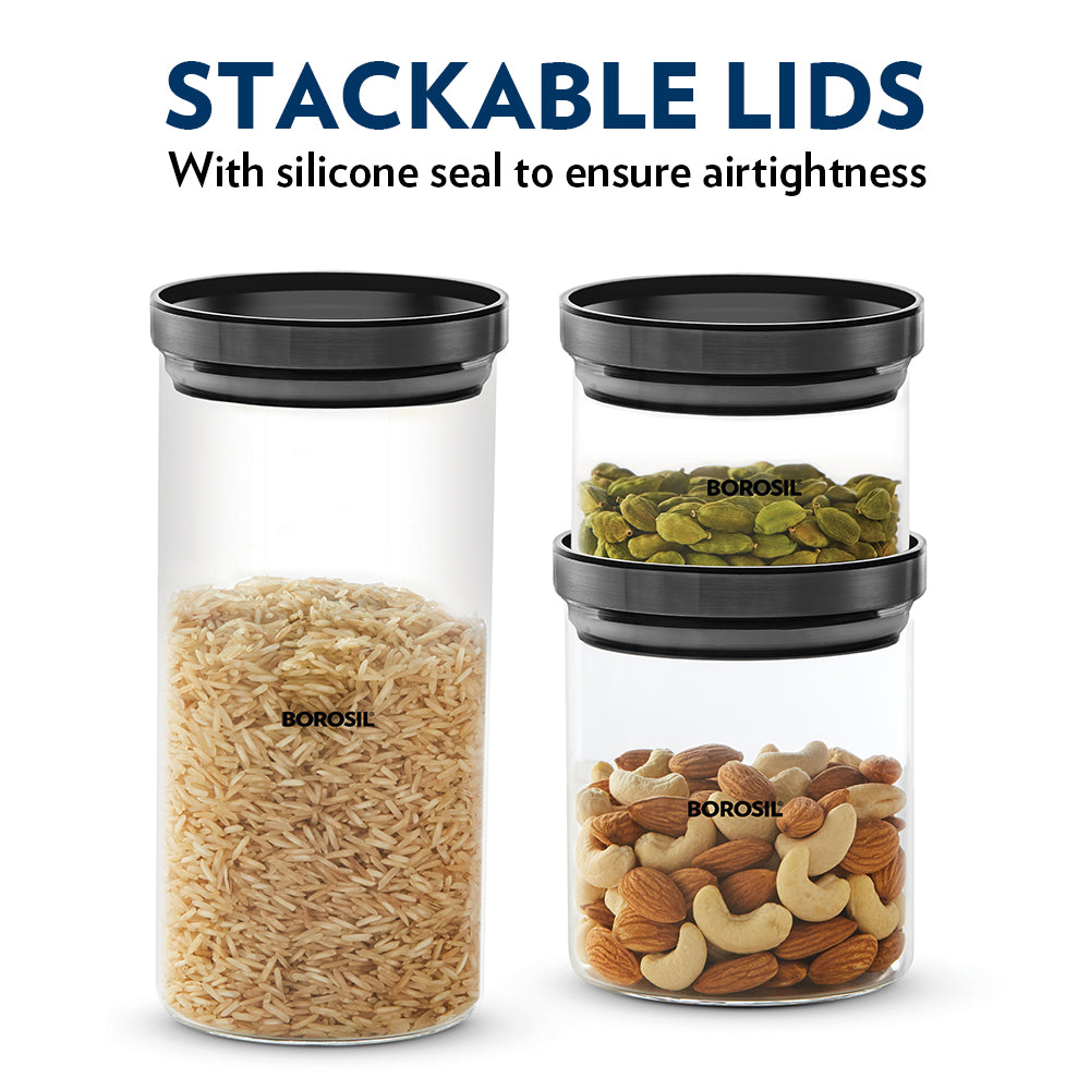 Borosil Stack n Store Classic Glass Jar with Black PP Lid , 600 Ml