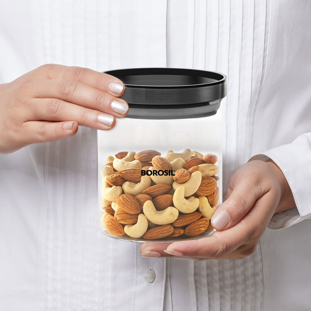 Borosil Stack n Store Classic Glass Jar with Black PP Lid , 600 Ml