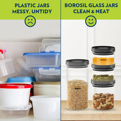 Borosil Stack n Store Classic Glass Jar with Black PP Lid , 600 Ml