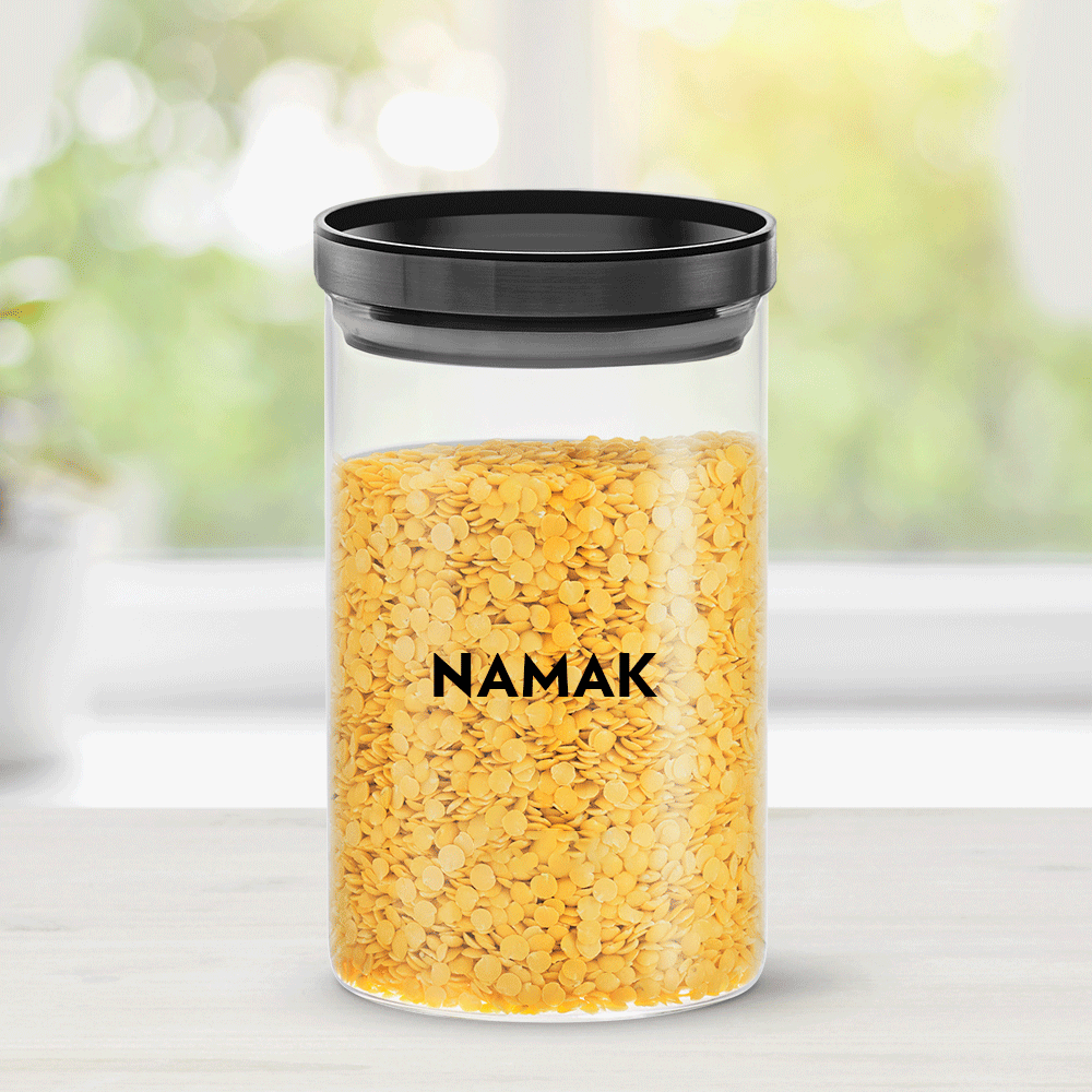 Personalised Stack n Store Airtight Glass Jar with Black PP lid