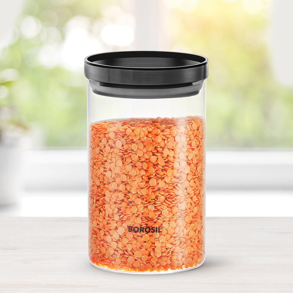 Borosil Stack n Store Classic Glass Jar with Black PP Lid , 900 Ml